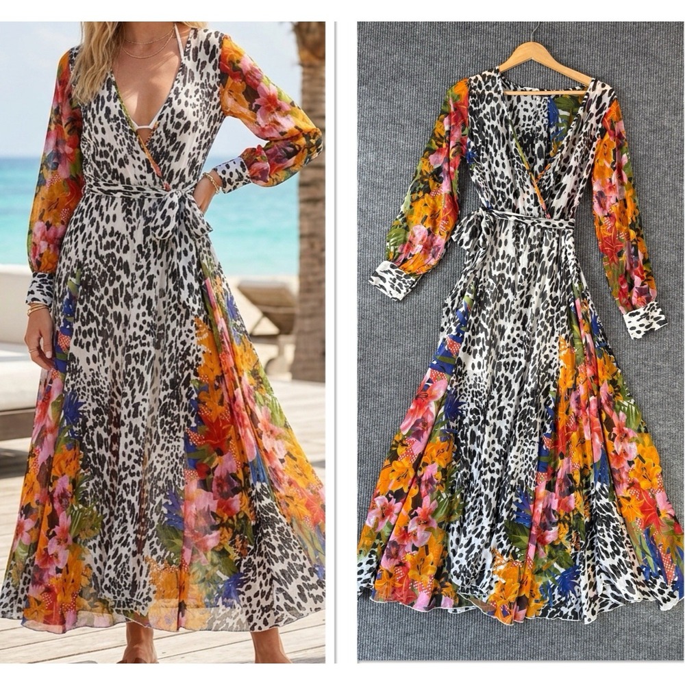 Sheer Tropical Animal Print Swim Coverup Maxi Dress Vacation Flowy Resort Boho‎